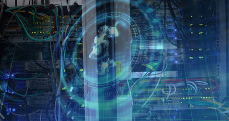 Image of euro symbol on rotating safe lock over computer servers