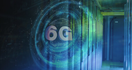Image of 6g symbol on rotating safe lock over network of connections and server room