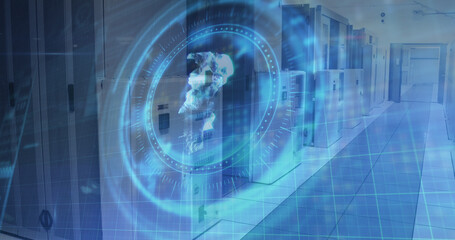 Image of russian ruble symbol on rotating safe lock over data processing and server room