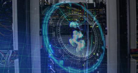 Image of dollar sign on rotating safe lock over data processing and computer server
