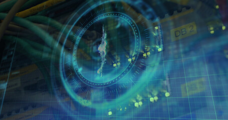 Image of bitcoin symbol on rotating safe lock over data processing and computer server