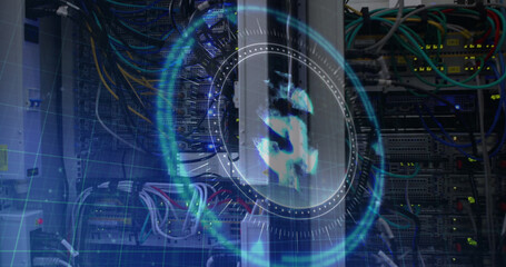 Image of dollar sign on rotating safe lock over data processing and computer server