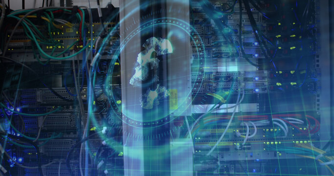 Image of euro symbol on rotating safe lock over computer servers - Powered by Adobe