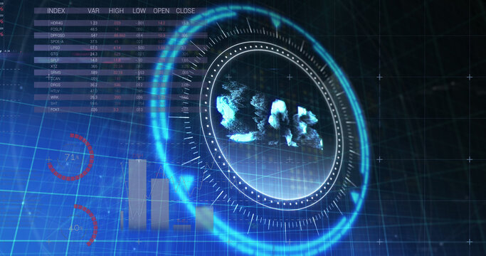 Image of ukraine hryvnia symbol on rotating safe lock over graphs and processing data - Powered by Adobe