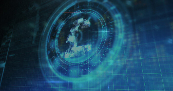 Image of english pound symbol on rotating safe lock over processing data and security messages