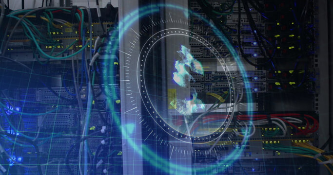 Image of dollar sign on rotating safe lock over data processing and computer server