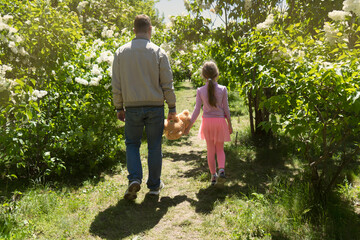 A daughter in a pink suit and a dad in a jacket and jeans walk along a path in the garden and hold a toy bear by the paws