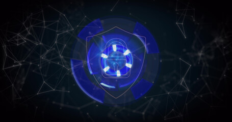 Image of shield with digital padlock over blue circle on black background