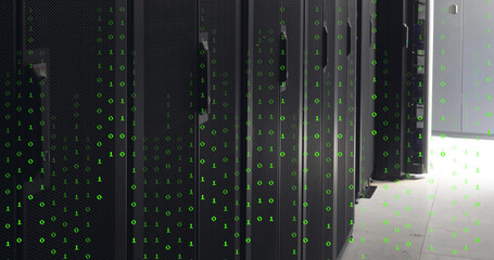 Image of green numbers falling over servers