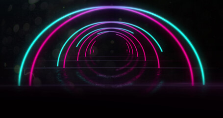 Image of tunnel made of neon circles on black background