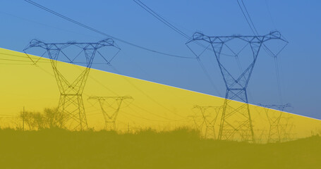 Image of electricity poles over flag of ukraine
