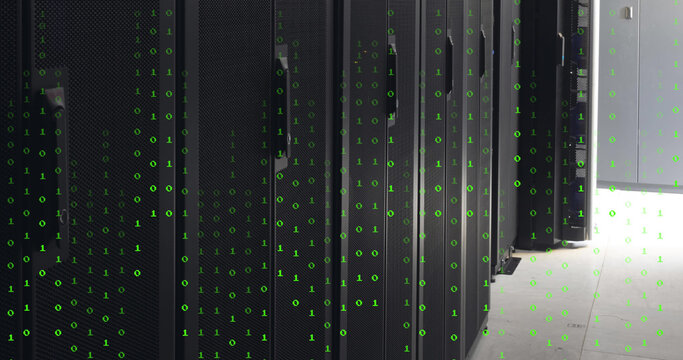 Image of green numbers falling over servers