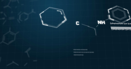 Image of chemical formula structures and data moving on blue background