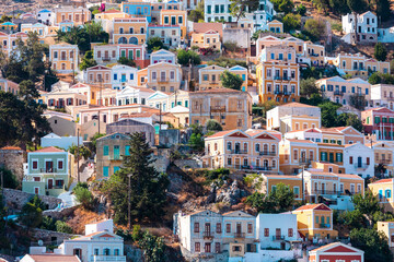 View of traditional colorful houses on Symi island, Greece, Dodecanese