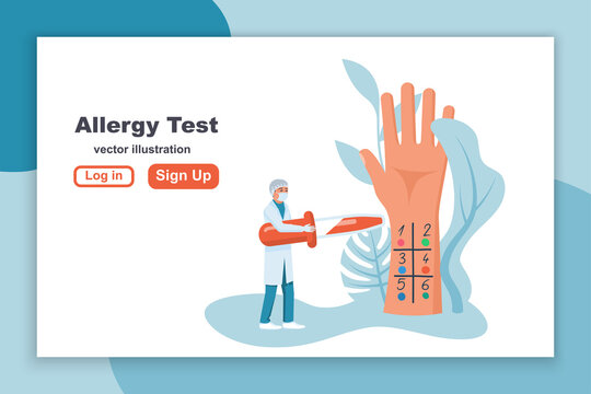Allergy test landing page. Doctor holds pipette in hand for research. Medical vector illustration flat design. Laboratory equipment for analysis. Allergic reaction concept.