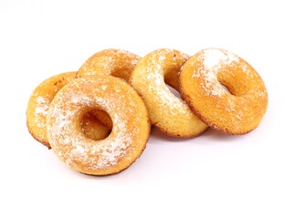 Group of sugary donuts on white background.