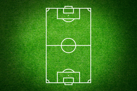 Soccer field. View from above from football field line. Contour limits lines illustration on green grass texture background