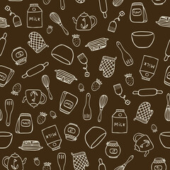 Vector seamless pattern with hand drawn food and kitchen items in doodle style. For feast invitation, fabric, kitchen textile, towel print, cover of cooking book, packaging design, template labels.