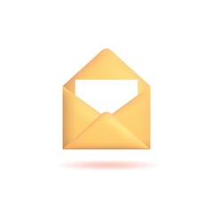 3d envelope with letter. New message or inbox, realistic icon isolated on white background. Vector illustration