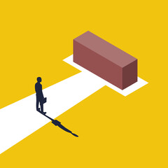 Dead end concept. The businessman is on the way before the dead end. Simbol bricks and the end of the road. Vector illustration isometric design. Isolated on background. No further road.