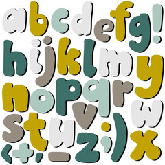 Hand drawn bold small letters and signs colorful vector organic alphabet set