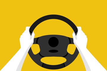 Hands on the steering wheel of a car. Driver vehicle. Web Design Template Automobile background. Vector illustration flat style. Isolated on white. Car drive. Landing page driving lessons.