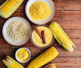 Typical Brazilian table and June party with corn ingredients and corn curau jam