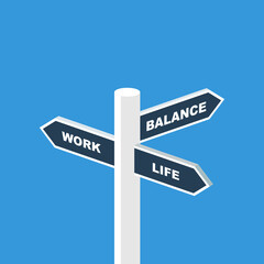 Work life balance. The sign shows three directions. Vector illustration isometric 3d design. Isolated on white background.