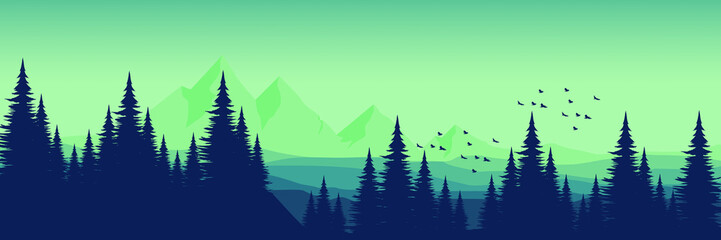 mountain landscape with pine tree silhouette vector illustration good for wallpaper, background, backdrop, banner, print, and design template
