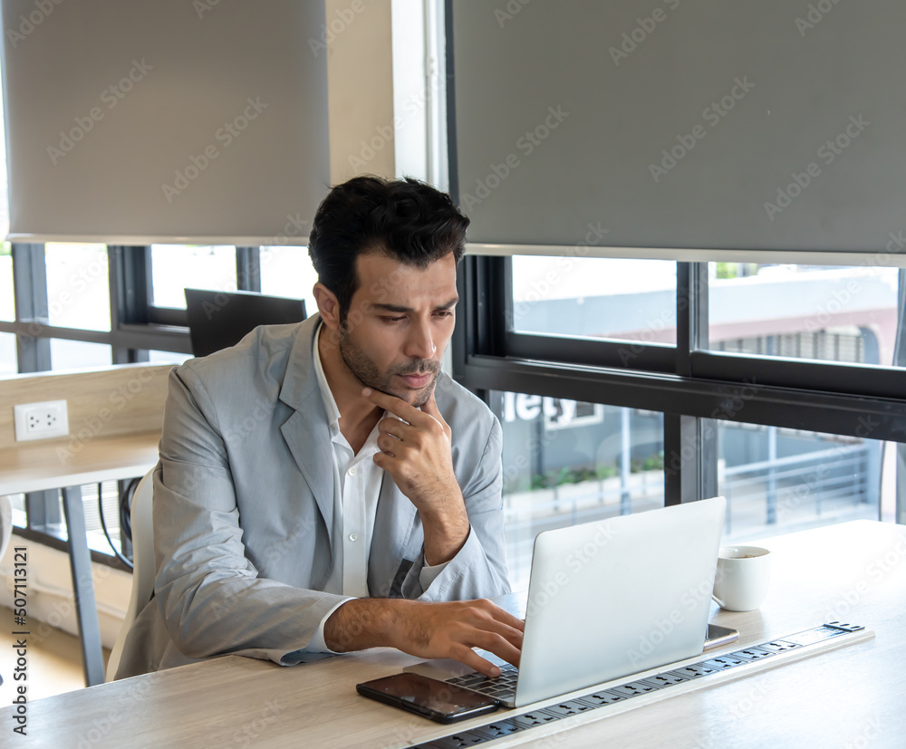 Wall mural businessman,laptop computer,colleage,office,think,internet,working,technology,serious,modern