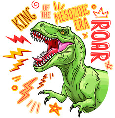 King of the mesozoic era. Roaring cartoon tyrannosaurus . Vector illustration isolated for prints, t-shirts, posters