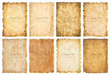 Fototapeta Vector collection set old parchment paper sheet vintage aged or texture isolated on white background obraz