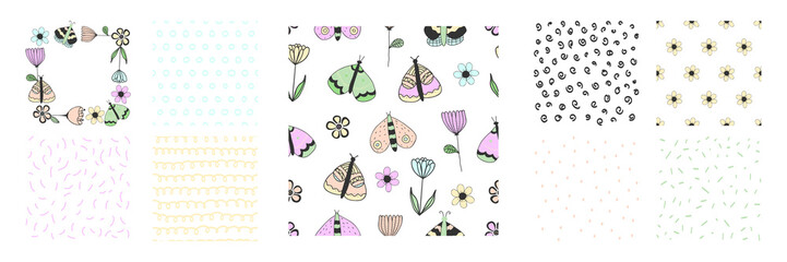 Set with various seamless patterns with butterflies, flower and simple design. Collection with frame and background for birthday baby shower, party invitation, print design for pajamas, nursery poster