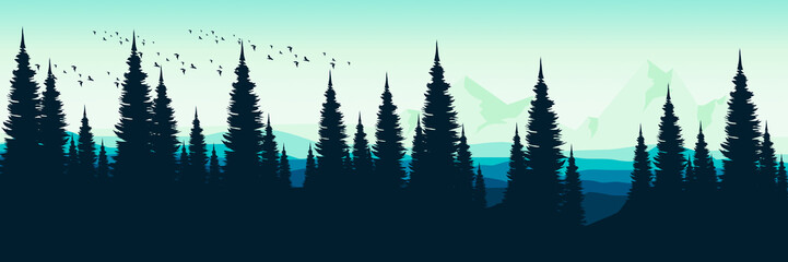 Obraz premium mountain landscape with pine tree silhouette vector illustration good for wallpaper, background, backdrop, banner, print, and design template