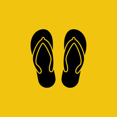 Beach shoes black silhouette icon. Color slippers. Beach Slippers sign. Symbol of summer vacation. Travel cruise. Vector illustration flat design. Isolated on yellow background.