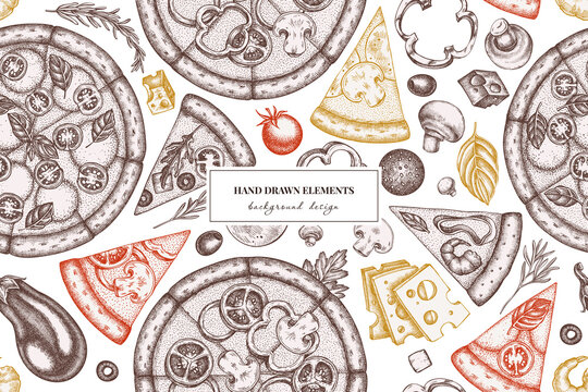 Pizza seamless pattern background design. Engraved style. Hand drawn greek, margherita, pepperoni, veggie, ham and mushrooms and seafood pizzas.