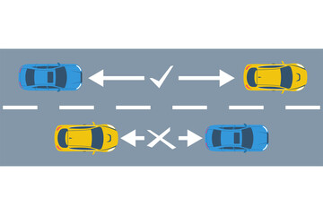 The distance of cars on the road. Keep a safe distance. Safety on freeway. Vector illustration flat design. Isolated on background. Web design template. Landing page. Caution and control of vehicle.