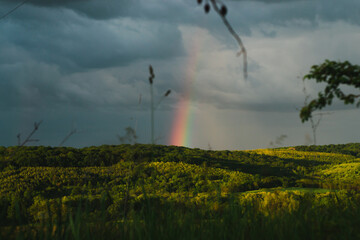 Rainbow after a thunderstorm in the mountains on a summer evening at sunset