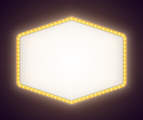 Yellow retro lightbox with white light bulbs, vintage theater signboard mockup isolated on a dark background. Bright hexagonal commercial announcement banner. Marquee billboard with lamps.