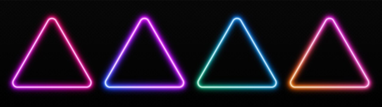 Gradient neon triangle frames set. Glowing borders isolated on a dark background. Colorful night banner, vector light effect. Bright illuminated shape.