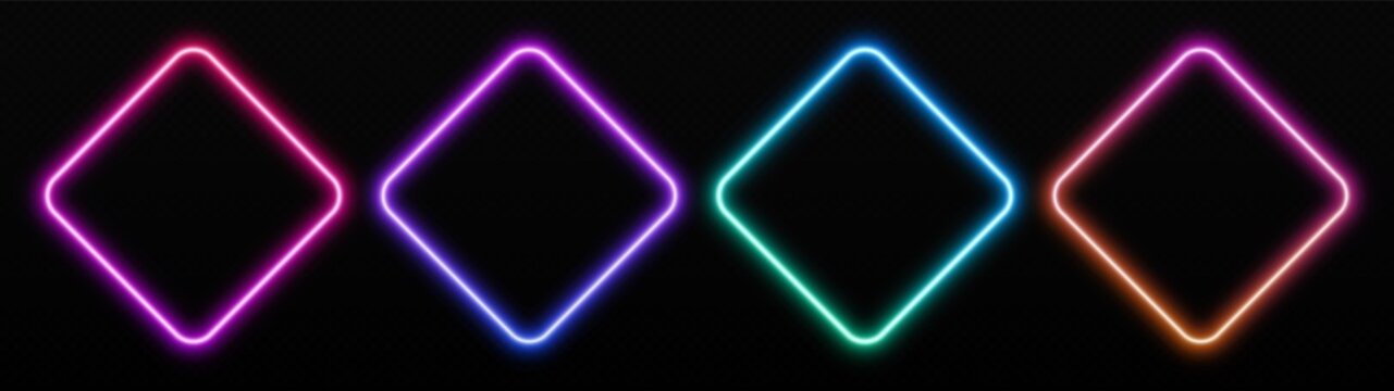 Gradient neon rhombus frames set. Glowing rhomb borders isolated on a dark background. Colorful night banner, vector light effect. Bright illuminated shape.