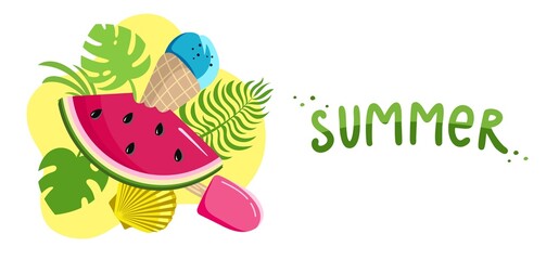 Summer background website header Colorful Horizontal postcard banner Vacation concept Vector illustration in Flat style