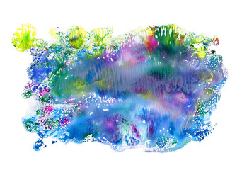 Abstract blue shape, splashing blot, isolated on white. Watercolor illustration.