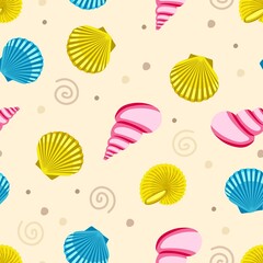 Seamless pattern with shells and clams on a beige background Vector illustration in a flat style