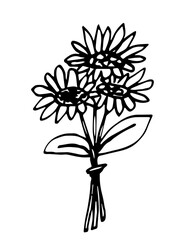Simple hand drawn vector drawing in black outline. Bouquet of sunflowers, autumn-summer plants. Ink sketch. For seasonal holidays, postcards, invitations.