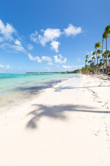 Bavaro beach in sunny day with calm ocean and white  beach, Dominican republic