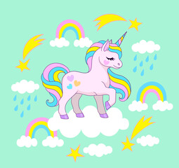 Obraz na płótnie Canvas Cute unicorn on cloud with rainbows and shooting stars. Vector illustration