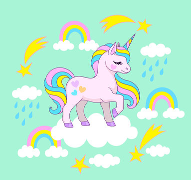 Cute unicorn on cloud with rainbows and shooting stars. Vector illustration