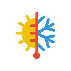 Climate control. Snowflake as symbol of cold. The sun is like high temperature sign. Temperature sensor. Temperature adjustment. Vector illustration flat design. Logo is isolated on white background.