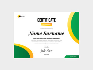 Professional and modern certificate template showcasing a sophisticated color scheme blending gradients of green and yellow. The design is sleek, exuding elegance and innovation. 